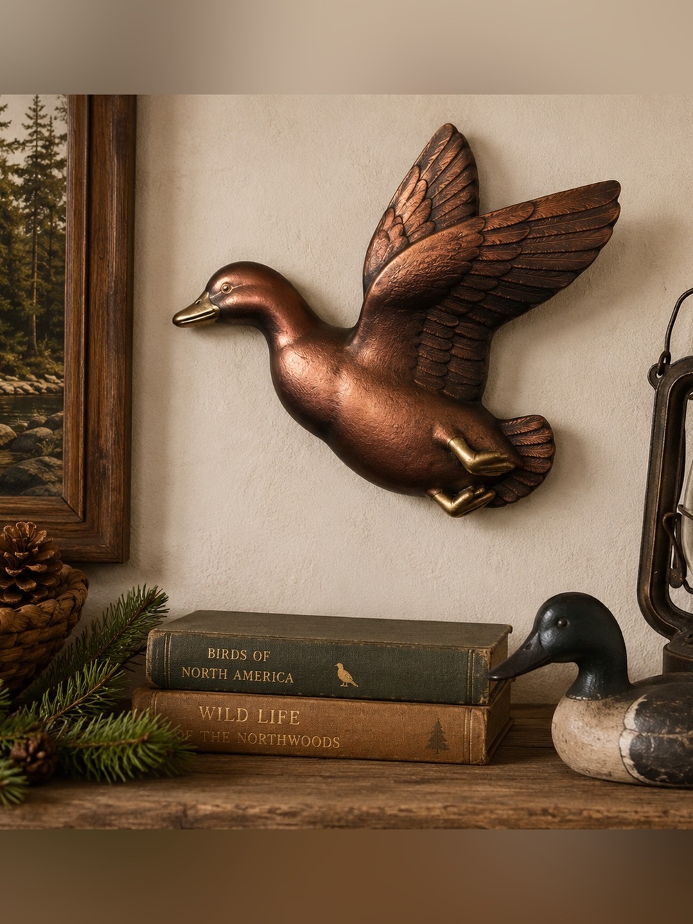 Vintage flying goose wall plaque with a hand-painted copper-tone finish crafted